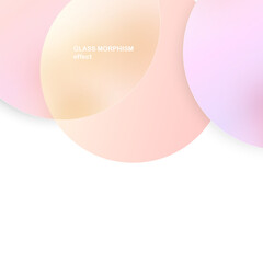 Modern background with glass morphism vector effect. Transparent glass card design. Glassmorphism trend style. Abstract banner with colored, white circles with blur and shadows. Vector illustration