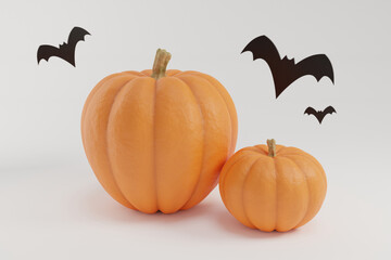 Seasonal pumpkins in different sizes with black bats. Halloween pumpkin decoration isolated on white background with copy space. 3D render