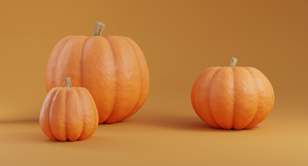 Widescreen product display banner with seasonal pumpkins in different sizes. Room floor with Halloween pumpkin decoration in-studio on orange background with copy space. 3D render