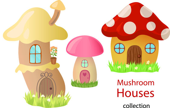 Cartoon mushroom houses. Collection of cute mushroom houses illustrations with doors and windows, standing on grass with flowers. Cartoon vector drawings isolated on white background.
