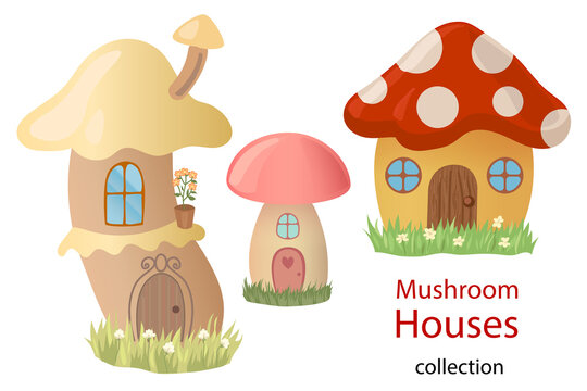 Cartoon mushroom houses. Collection of cute mushroom houses illustrations with doors and windows, standing on grass with flowers. Cartoon drawings isolated on white background.