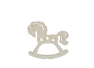 Wooden Christmas decoration in the form of a horse isolated on a white background.