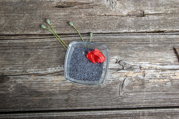 poppy seeds in a transparent square bowl