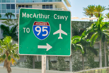 MacArthur Causeway and I-95 sign in South Beach, Miami.