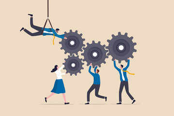 Collaboration or cooperate for team success, working together as teamwork to solve problem and achieve target concept, businessman and businesswoman team up to help connect gear or cogwheels together.