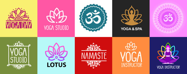 Yoga studio Beauty and Spa label and icon design collection. Yoga lotus pose vector logo design template. Beauty, Spa, Massage, Meditation icon