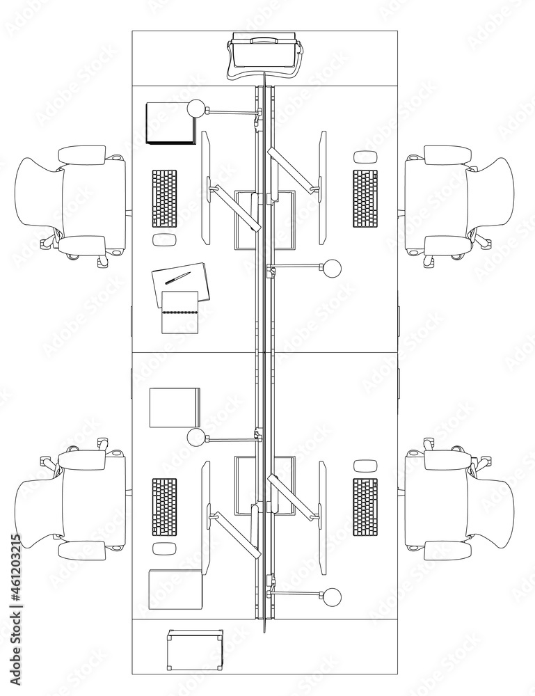 Poster contour of workplaces with computers and armchairs from black lines isolated on white background. vi