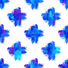 Watercolor Brush Cross Seamless Pattern Grange Geometric Design in Blue Color. Modern Grung Collage Background