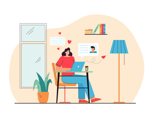 Smiling girl chatting online at dating website on computer. Woman using laptop searching love on internet, communicating with romantic partner or boyfriend. Flat vector illustration.