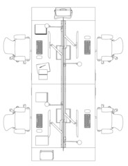 Contour of workplaces with computers and armchairs from black lines isolated on white background. View from above. Vector illustration