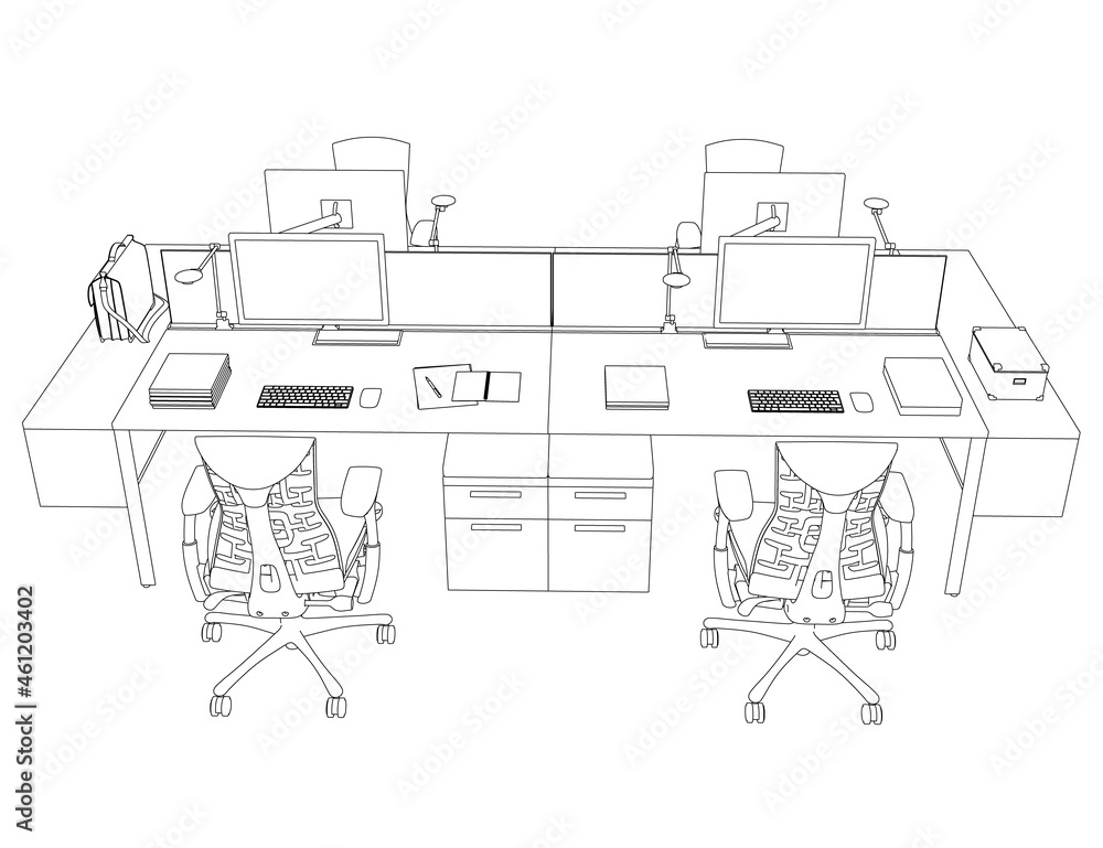 Poster contour of workplaces with computers and armchairs from black lines isolated on white background. fr