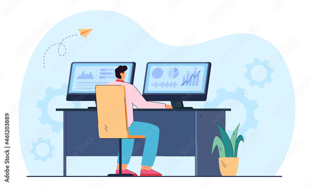 Aufkleber flat vector illustration of stock trader working on computer with graphs. man investor using pc anal