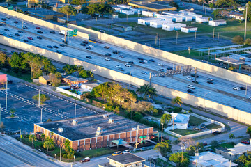 Aerial view of I-95 interstate with sunset traffic, Miami, Florida.