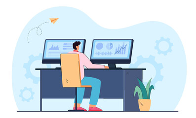 Flat vector illustration of stock trader working on computer with graphs. Man investor using PC analyzing charts diagrams on exchange market. Finances, cryptocurrency, investing