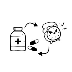 hand drawn doodle medicine and clock with circular arrow symbol for medicine time illustration vector isolated