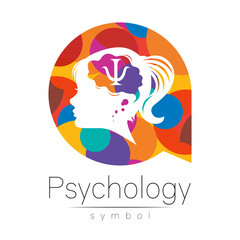 Modern logo Kid Girl head and letter Psi inside brain . Logotype sign of Psychology. Profile Human. Rainbow color isolated on white. Creative style. Symbol in vector. Design concept.