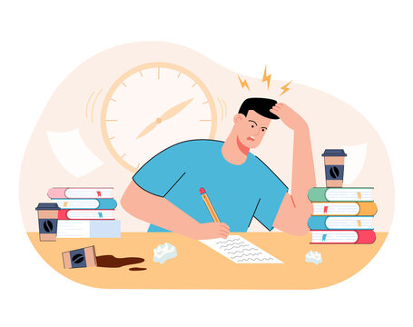 Stressed millennial guy studying before college exams. Distressed student meeting deadline doing assignment preparing for test at home with books. Flat vector illustration.