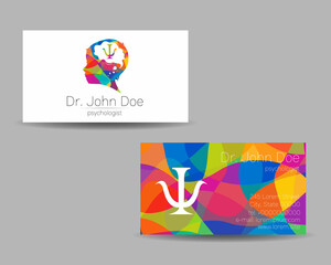 Psychology Vector Business Visit Card with Letter Psi Psy and Human Head in Profile. Modern logo Creative Colorful Rainbow style. Child Silhouette Design concept for Branding Identity