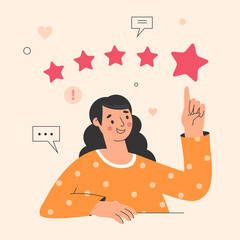 Customer review concept illustration, woman giving five stars feedback, flat vector style