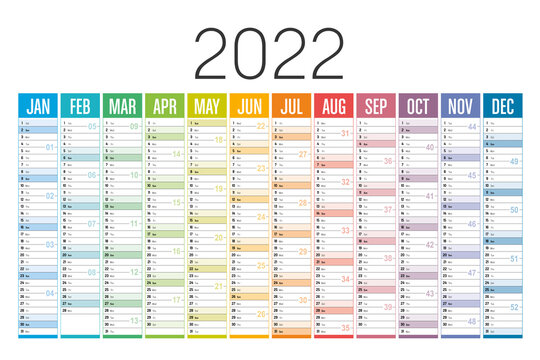 Year 2022 colorful calendar on white background. Vector template.