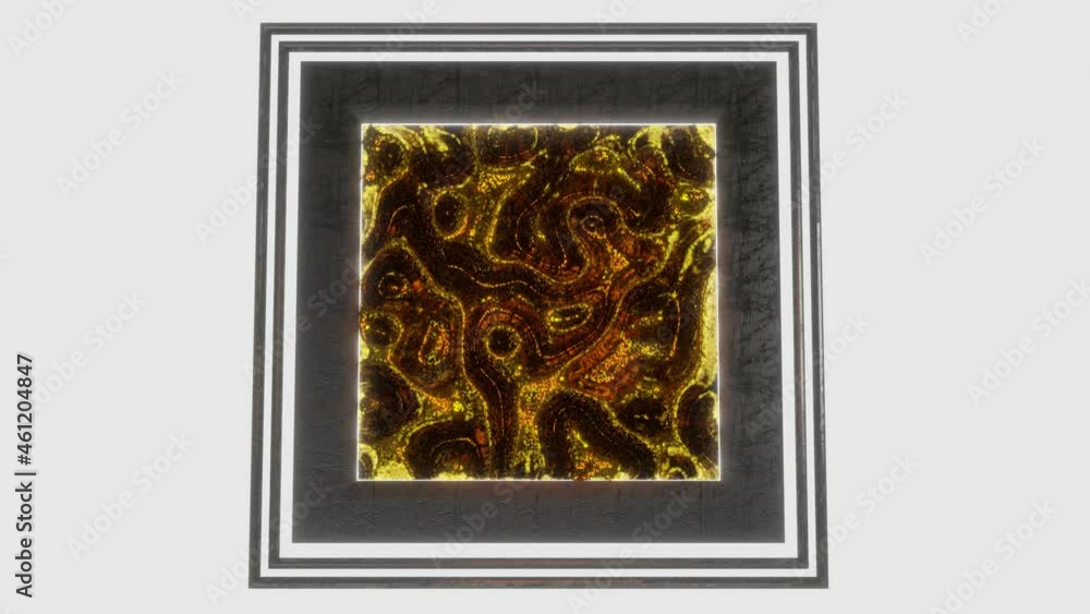 Poster animated abstract picture with gold texture in a black frame on a white background. looped backgroun