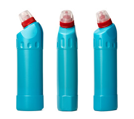 Blue plastic bottle of liquid detergent isolated on white