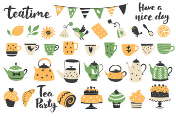 Lemon tea element set: cups, teapots, sweets, and calligraphy quotes. Perfect for scrapbooking, greeting card, party invitation, poster, tag, sticker kit. Hand drawn vector illustration.