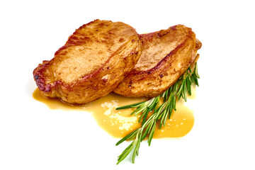 Fried juicy pork steak, isolated on white background.