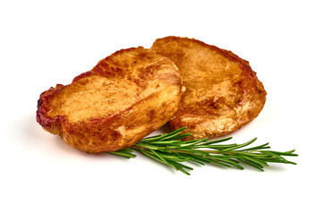 Fried juicy pork steak, isolated on white background.