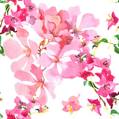 Pink tropical flowers branch watercolor on white background seamless pattern for all prints.