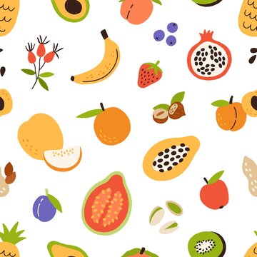 Healthy food pattern with fruits, nuts and berries on white background. Repeating texture with fresh organic vitamins. Design of modern endless print. Colored flat vector illustration for decoration