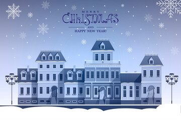 Obraz na płótnie Canvas Christmas card. Winter cityscape with beautiful buildings and streetlights. Vector illustration.