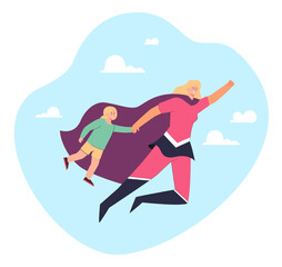 Happy mother in superhero costume flying with daughter in sky. Young woman with cape and girl going shopping flat vector illustration. Family, motherhood concept for website design or landing web page