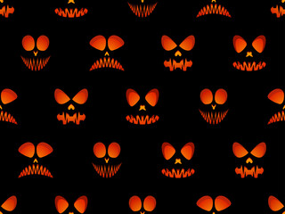 Halloween seamless pattern with scary face. Fire evil eyes on black background. Ghost mask. Festive background design for banners and posters, wrapping paper and promotional items. Vector illustration