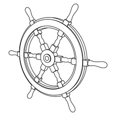 Ship steering wheel. 3D perspective. Vector thin line