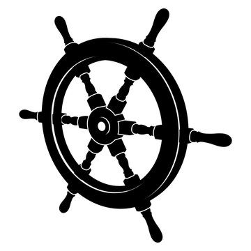 Ship steering wheel. 3D perspective. Silhouette vector