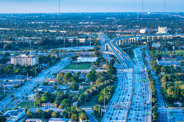 Aerial view of I-95 interstate with sunset traffic, Miami, Florida.