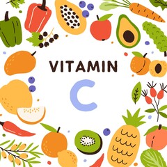 Food sources of Vitamin C. Frame of natural antioxidants, citrus fruits and vegetables enriched with ascorbic acid. Card with healthy lemon, kiwi, avocado, pineapple. Colorful flat vector illustration