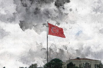 A large Turkish flag is developing in the wind. A gray overcast sky in the background.