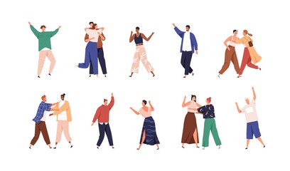 Happy people meeting others with joy. Set of positive men and women friends welcoming, hugging and greeting with hand gesture. Reunion concept. Flat vector illustration isolated on white background