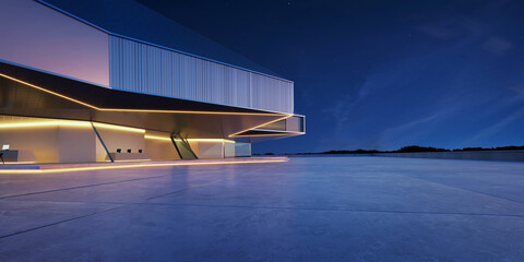 Horizontal view of empty cement floor with steel and glass modern building exterior