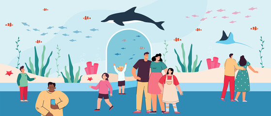 Cartoon families walking around underwater zoo. Ocean aquarium with sea creatures flat vector illustration. Family activity, sea animals, fauna concept for banner, website design or landing web page