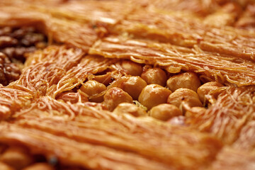 Close up of Turkish Baklava dessert with honey and nuts