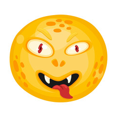 Angry cute flat cartoon round monster. Halloween funny face of monster with emotion, vector Illustration.