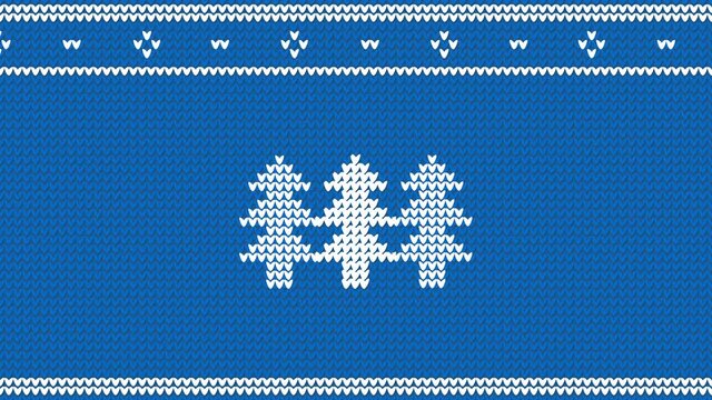 Animated knitted ornament. Christmas tree with knitted patterns and falling snowflakes.