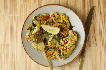 Concept of tasty food with baked cauliflower on wooden background