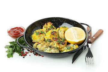 Concept of tasty food with baked cauliflower isolated on white background