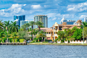 Fort Lauderdale canals and city skyline on a beautiful sunny day, Florida.