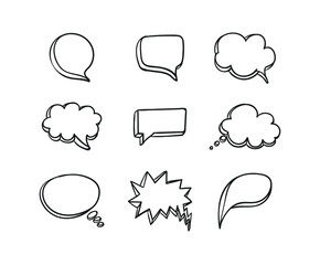Vector Speech Bubbles Set, Black Lines Isolated on White Background, Handdrawn Blank Frames Collection, 3D Speech Comic Elements.