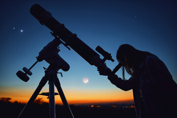 Silhouette of a woman, telescope and countryside under the starry skies. © astrosystem